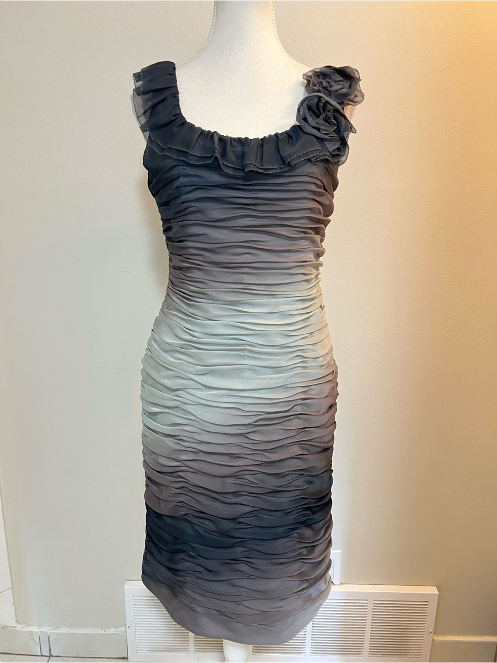 Adrianna Papell One-Shoulder Ombre Ruffled Sheath Dress - Gray